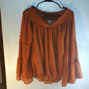 Hope Horizon Burnt Orange Swiss Dot Belle Sleeves Top M